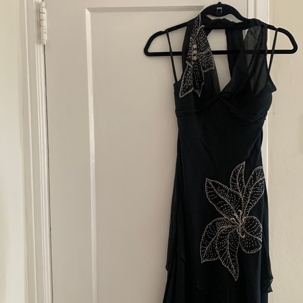 Never worn BCBG black chiffon floral halter dress